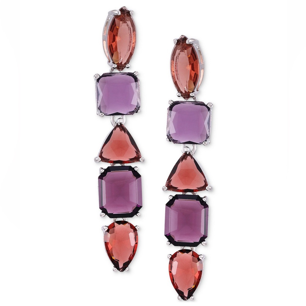 NEW!! Guess Silver-Tone Mixed Color Crystal Linear Drop Earrings